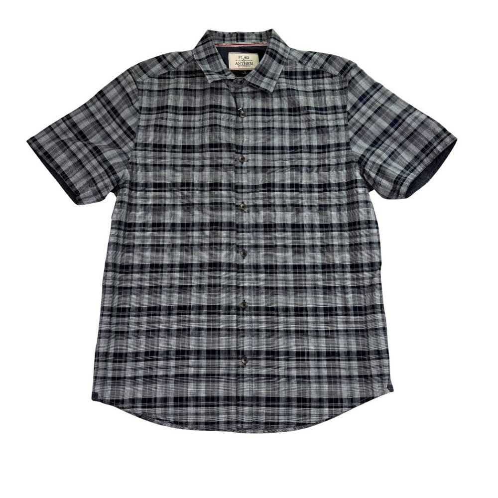 Flag & Anthem Mens Navy & Gray Plaid Short Sleeve Button-Up Shirt Sz S - New